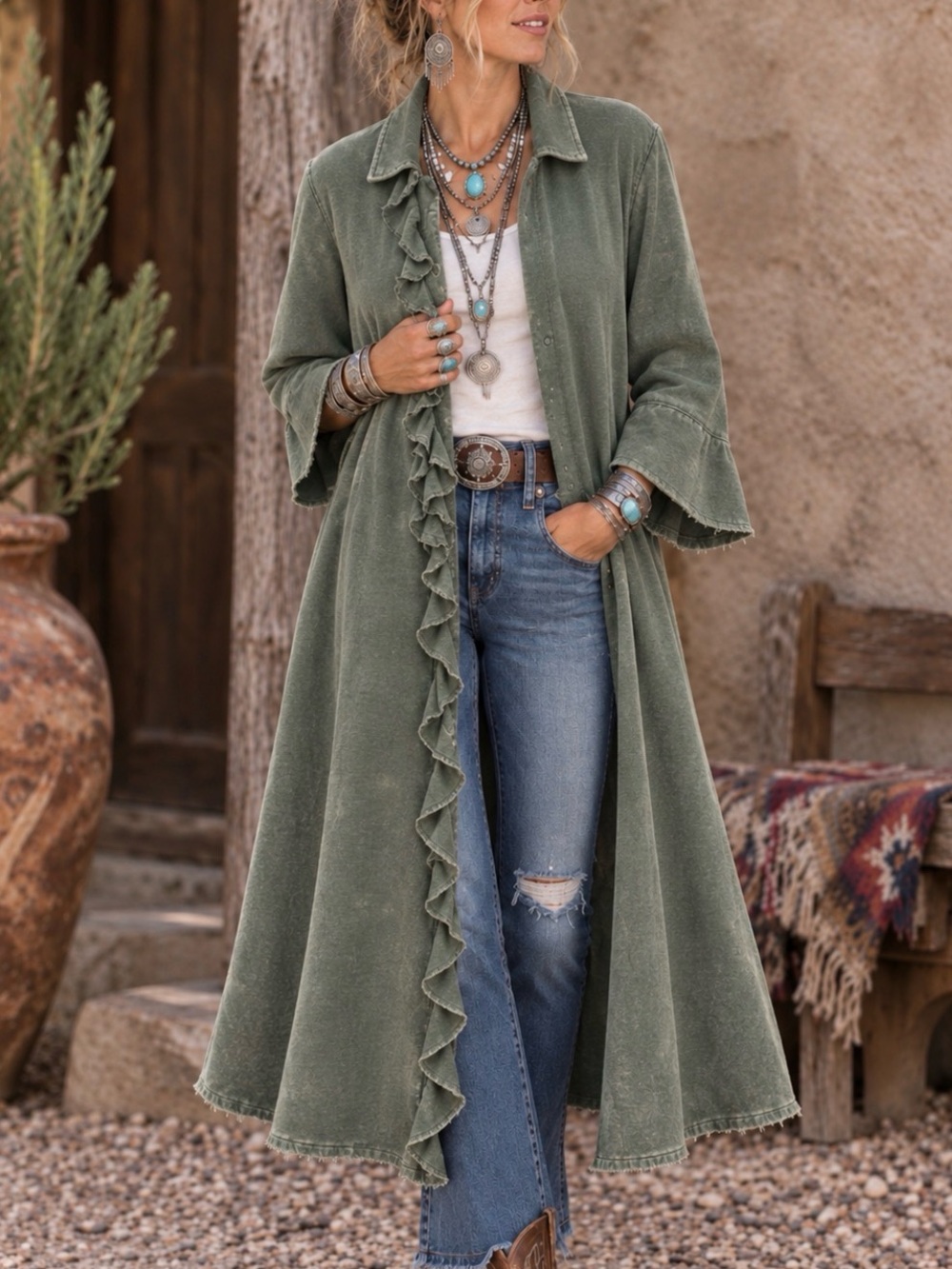 Olive Green Ruffle-Trim Duster Coat